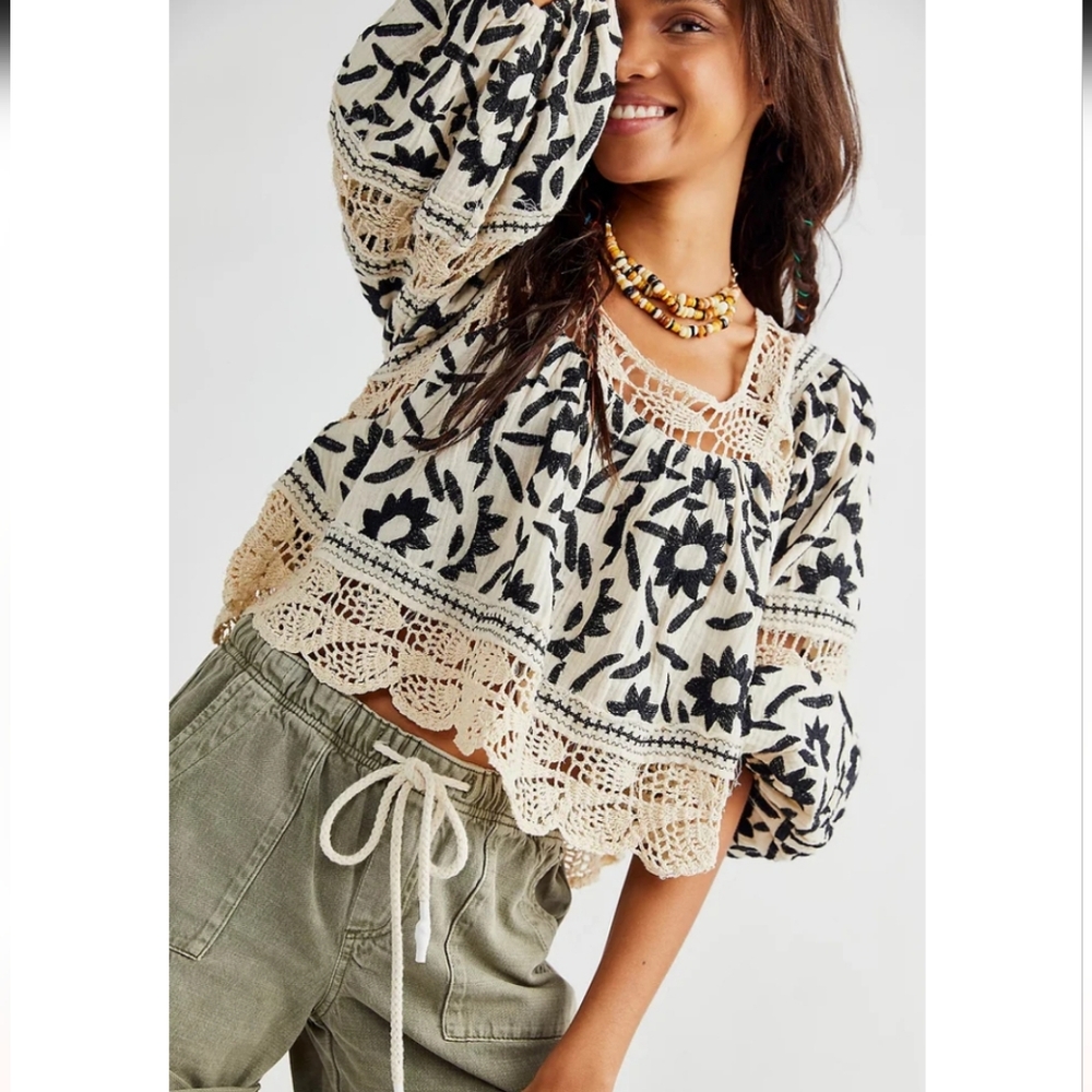 Free People Embroidered Soleil Square Neck Balloon Sleeve Top XS Boho